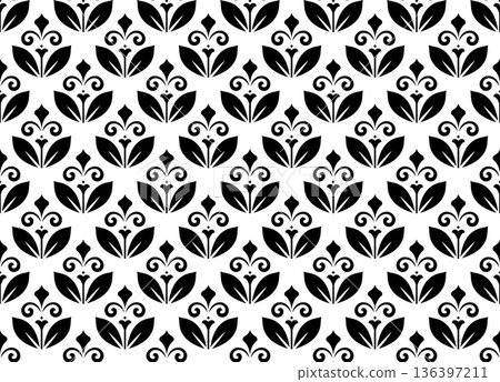 Flower geometric pattern. Seamless vector background. White and black ornament. Ornament for fabric, wallpaper, packaging. Decorative print. Flower geometric pattern. Seamless vector background. White and black ornament. Ornament for fabric, wallpaper, packaging. Decorative print. 136397211