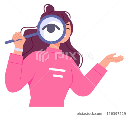 Research concept. Young woman look through magnify glass Research concept. Young woman look through magnify glass 136397219