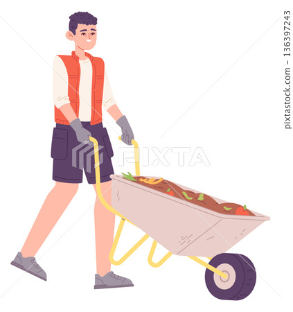 Boy push wheelbarrow. Gardening person color character Boy push wheelbarrow. Gardening person color character 136397243