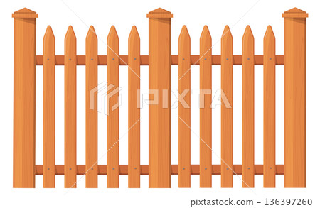 Wooden rural fence. Cartoon outdoor yard barrier Wooden rural fence. Cartoon outdoor yard barrier 136397260