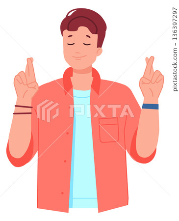 Guy with fingers crossed. Hopeful hand gesture expression 136397297
