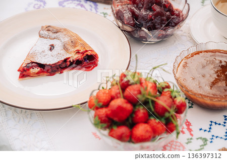 Slice of homemade cherry pie dessert Slice of homemade cherry pie dessert 136397312