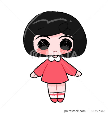 Girl with black hair bob wearing a pink dress, standing pose, full body illustration, transparent background Girl with black hair bob wearing a pink dress, standing pose, full body illustration, transparent background 136397366