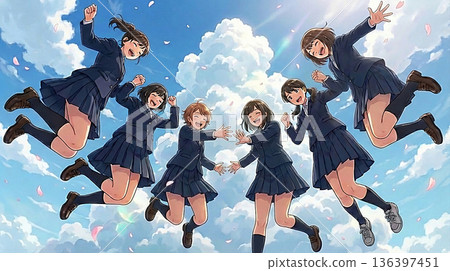 六位高中女生在藍天櫻花下圍成一圈跳躍 [畢業/入學典禮圖片] 136397451