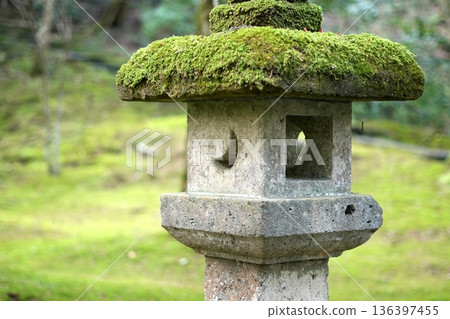 Moss-covered traditional Japanese stone lantern Moss-covered traditional Japanese stone lantern 136397455
