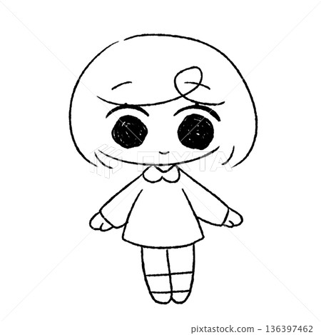 Line drawing of a girl with black bob hair and a dress, standing pose, full body illustration, transparent background 136397462