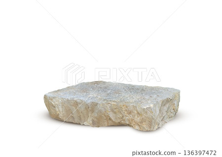 Stone podium background. Rock stand product display. Natural grey marble pedestal on white wall for product placement. Modern minimal cosmetic design. Fashion beauty realistic vector illustration Stone podium background. Rock stand product display. Natural grey marble pedestal on white wall for product placement. Modern minimal cosmetic design. Fashion beauty realistic vector illustration 136397472