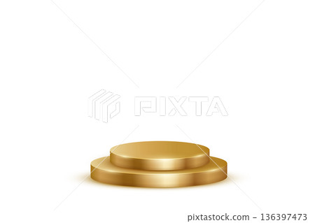 Gold podium for awards or product display vector illustration. Empty 3d golden stage on white background. Luxury elegant platform for cosmetics presentation, ceremony pedestal for winners 136397473
