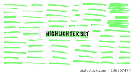 Green highlight marker lines isolated on white background. Various marker pen strokes with different length and thickness hand drawn set. Realistic vector graphic modern design elements Green highlight marker lines isolated on white background. Various marker pen strokes with different length and thickness hand drawn set. Realistic vector graphic modern design elements 136397474