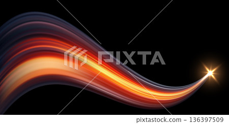 Glowing curved light trail red orange. Abstract dynamic wavy streak with bright starburst on black background. Futuristic motion flow with vibrant energy wave in dark space. Vector illustration Glowing curved light trail red orange. Abstract dynamic wavy streak with bright starburst on black background. Futuristic motion flow with vibrant energy wave in dark space. Vector illustration 136397509