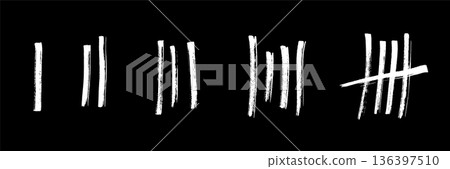 Tally marks brush strokes set. White hand-painted counting lines in various styles, including single strokes and crossed fifth mark on black. Vector grunge ink design for counting, tracking, graphic 136397510