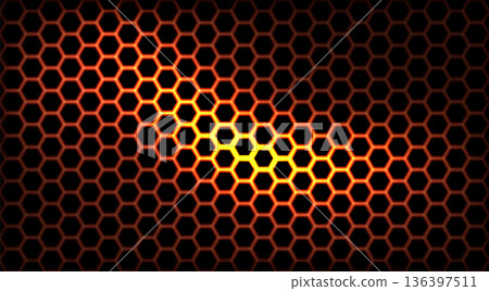 Honeycomb seamless glowing fire pattern. Bright orange and yellow illuminated hexagonal grid on black. Vector futuristic design with fiery light effect for wallpapers, sci-fi textures, backgrounds Honeycomb seamless glowing fire pattern. Bright orange and yellow illuminated hexagonal grid on black. Vector futuristic design with fiery light effect for wallpapers, sci-fi textures, backgrounds 136397511