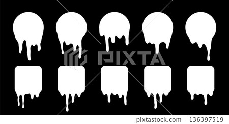 Dripping milk icons. Set of white round and square shapes with dripping liquid texture on black background. Isolated vector illustrations 136397519