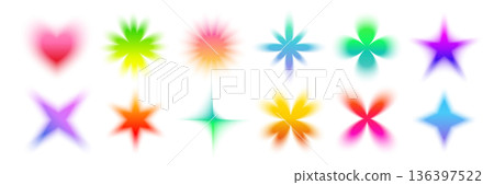 Y2K gradient flowers and elements. Colorful abstract icons with soft glow and blurred edges on white. Trendy figures for design, fashion, stickers, posters, social media. Vector illustration 136397522