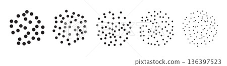 Dot grain texture circles. Set of stipple dot textures forming abstract circular shapes. Black grain patterns with varying density and size on white background. Vector illustration Dot grain texture circles. Set of stipple dot textures forming abstract circular shapes. Black grain patterns with varying density and size on white background. Vector illustration 136397523