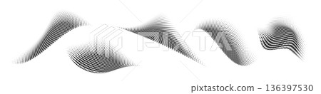 Set of abstract dotted waves. Halftone curved shapes in black color isolated on white background. Curved and twisted gradients forms. Trendy graphic vector illustration Set of abstract dotted waves. Halftone curved shapes in black color isolated on white background. Curved and twisted gradients forms. Trendy graphic vector illustration 136397530