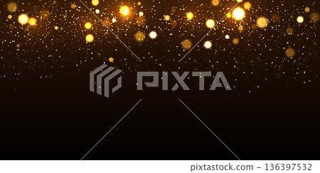 Gold light background with bokeh effect. Golden glittering lights on black background. Festive holiday shiny luxury backdrop. Abstract horizontal vector illustration 136397532