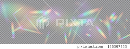 Rainbow light flares on transparent background. Glowing prism light leaks scattered randomly. Camera lens flickers. Holographic rays. Abstract vector illustration Rainbow light flares on transparent background. Glowing prism light leaks scattered randomly. Camera lens flickers. Holographic rays. Abstract vector illustration 136397533