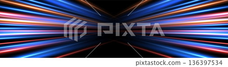 Blue and red light speed background. Abstract glowing light rays in red, blue, purple, and orange on black backdrop. Futuristic flashes in night. Car lights on road. Technology vector illustration Blue and red light speed background. Abstract glowing light rays in red, blue, purple, and orange on black backdrop. Futuristic flashes in night. Car lights on road. Technology vector illustration 136397534