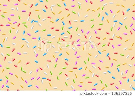 Donut background with colorful candy sprinkles. Sweet topping for candy or ice cream. Fun and playful dessert design. Summer, birthday, children concept. Seamless vector illustration Donut background with colorful candy sprinkles. Sweet topping for candy or ice cream. Fun and playful dessert design. Summer, birthday, children concept. Seamless vector illustration 136397536