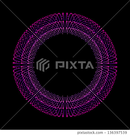 Magenta dotted round pattern. Abstract neon purple circle frame. Particle pattern with radial motion and glowing neon effect. Modern vector illustration Magenta dotted round pattern. Abstract neon purple circle frame. Particle pattern with radial motion and glowing neon effect. Modern vector illustration 136397539