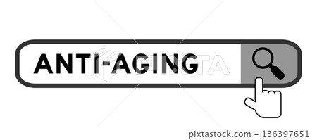 Search banner in word anti aging with hand over magnifier icon on white background Search banner in word anti aging with hand over magnifier icon on white background 136397651