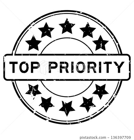 Grunge black top priority word round rubber seal stamp on white background 136397709