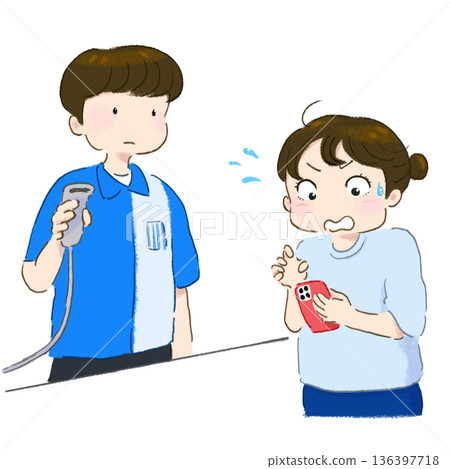 A panicked woman holding a smartphone at the cash register A panicked woman holding a smartphone at the cash register 136397718