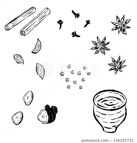 Monochrome illustration of chai and various spice ingredients set 136397732