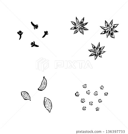 Sketch of a simple spice set including cloves and star anise Sketch of a simple spice set including cloves and star anise 136397733