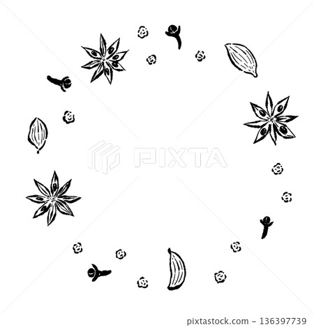 Circular wreath-style frame material made from chai spices 136397739