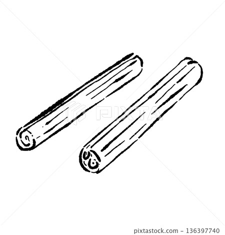 Monochrome sketch of two cinnamon sticks lined up 136397740