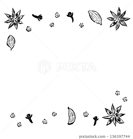 方形邊框插圖，各種香料散落在各處。 136397744