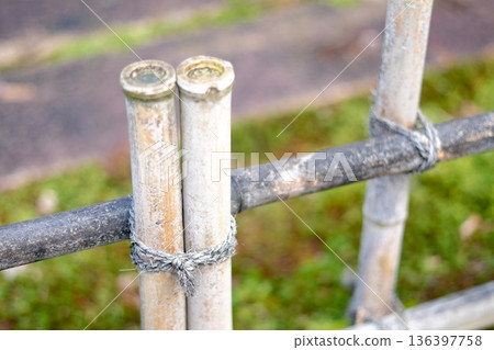 Close-up of a traditional bamboo fence tied with rope Close-up of a traditional bamboo fence tied with rope 136397758