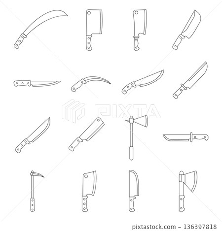 Various Kitchen and Survival Knife Outline Illustrations 136397818