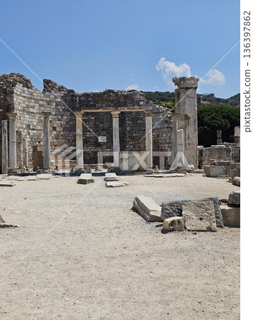 Ancient Ephesus, ruins in Turkey, ruins of the Ancient Roman and Ancient Greek empires, Selcuk, Izmir province 136397862