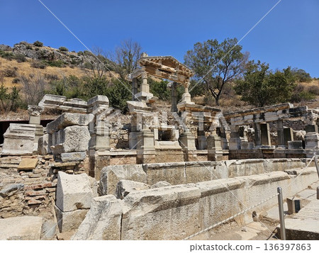 Ancient Ephesus, ruins in Turkey, ruins of the Ancient Roman and Ancient Greek empires, Selcuk, Izmir province 136397863