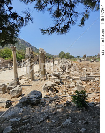 Ancient Ephesus, ruins in Turkey, ruins of the Ancient Roman and Ancient Greek empires, Selcuk, Izmir province Ancient Ephesus, ruins in Turkey, ruins of the Ancient Roman and Ancient Greek empires, Selcuk, Izmir province 136397864