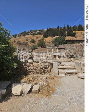 Ancient Ephesus, ruins in Turkey, ruins of the Ancient Roman and Ancient Greek empires, Selcuk, Izmir province Ancient Ephesus, ruins in Turkey, ruins of the Ancient Roman and Ancient Greek empires, Selcuk, Izmir province 136397872