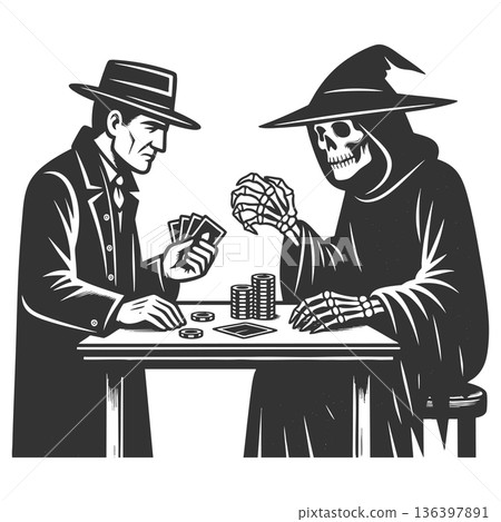 Man Playing Poker With Death in Surreal Scene Man Playing Poker With Death in Surreal Scene 136397891