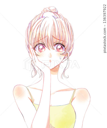 Woman with one hand on cheek, bun, sweat, camisole 136397922