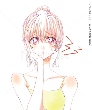 女子一手托腮,髮髻,汗水,身穿吊帶背心 女子一手托腮,髮髻,汗水,身穿吊帶背心 136397923