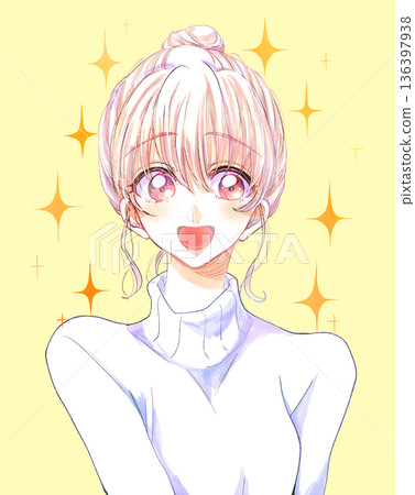 一位梳著髮髻、穿著毛衣、微笑、閃閃發光的女士 136397938