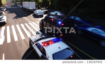 An swat police driving fast on a city street. 3d rendering. An swat police driving fast on a city street. 3d rendering. 136397942