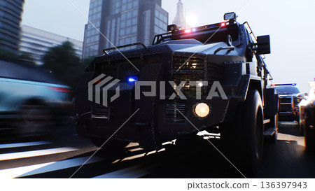 An swat police driving fast on a city street. 3d rendering. 136397943