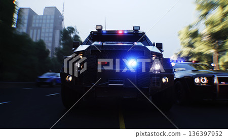 An swat police driving fast on a city street. 3d rendering. 136397952