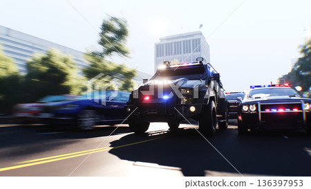 An swat police driving fast on a city street. 3d rendering. 136397953
