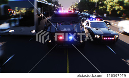 An swat police driving fast on a city street. 3d rendering. An swat police driving fast on a city street. 3d rendering. 136397959