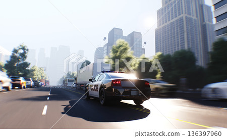 An police driving fast on a city street. 3d rendering. 136397960