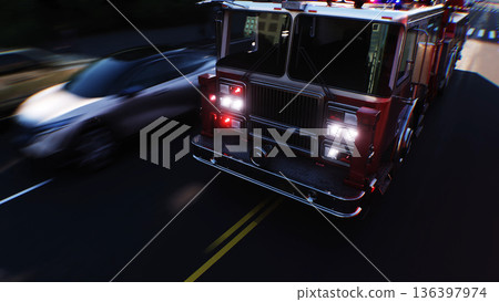 An fire engine, fire rescue driving fast on a city street.3d rendering. 136397974